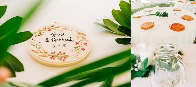 Wedding details included an embroidered piece made by family, tropical leaves, and engraved mason jars.