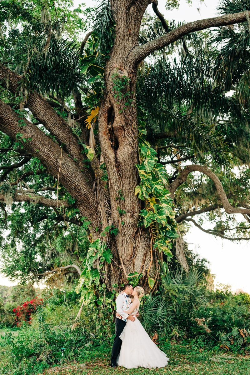 Tropical wedding vibes for this intimate backyard wedding under a huge Florida oak tree and pothos.
