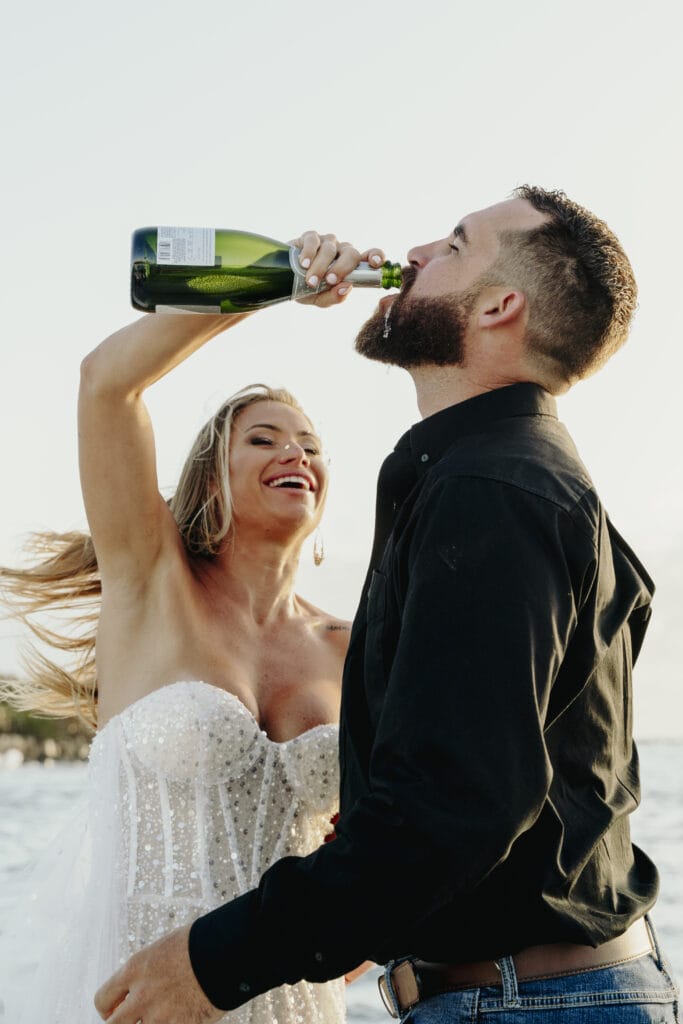 couple celebrates with champagne