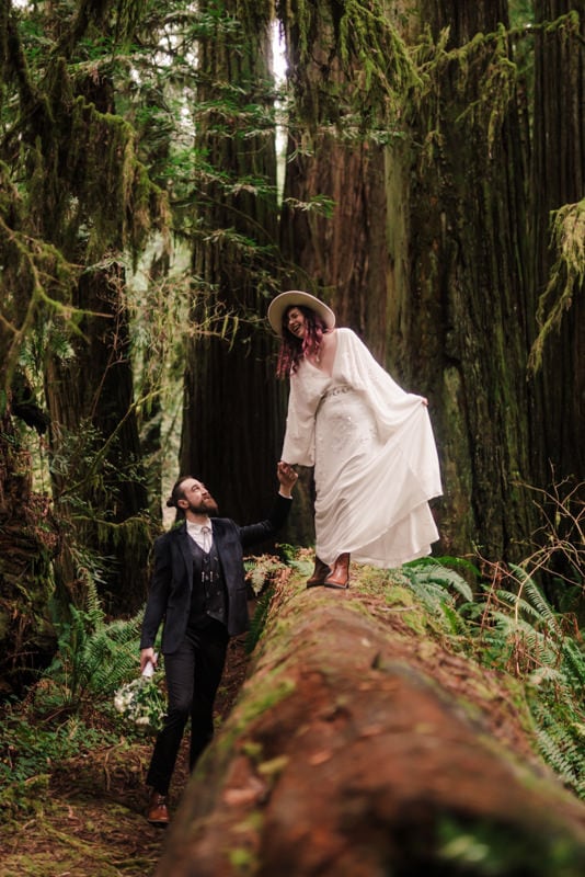 bride and groom walking in redwood forest